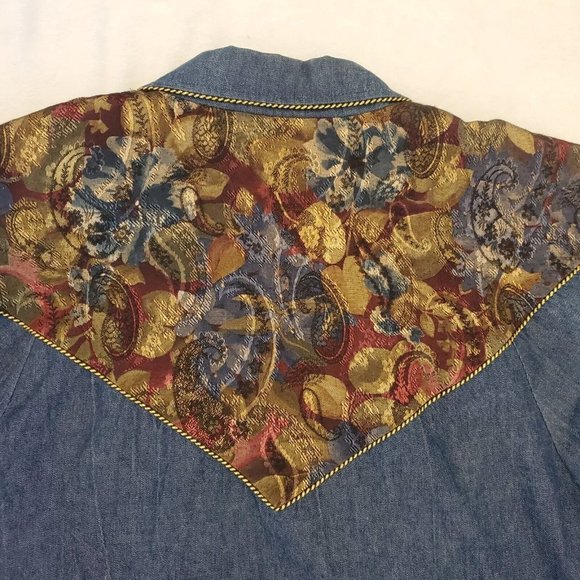 Vintage 80s 90s Denim Jean Western Studded Jacket Gold Floral Shoulders - Picture 6 of 8
